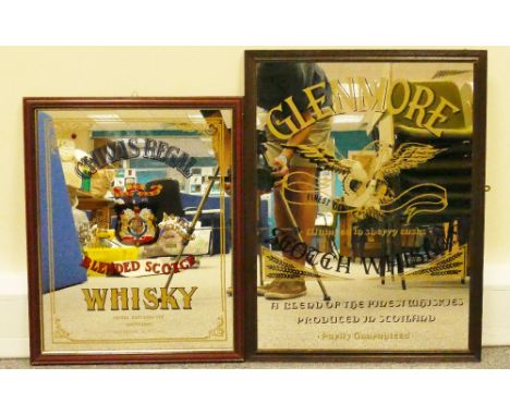 Vintage framed advertising mirrors featuring Glenmore Whiskey and Chivas Regal blended Scotch Whisky dimensions of largest 50