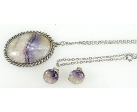 Metal oval pendant & chain set with blue john stone and pair of earnings set with blue john stones (3)