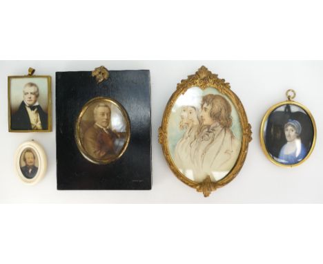 A group of portrait miniatures including Georgian portrait of a lady in blue dress, Rt Hon Joseph Chamberlain by J Champion B