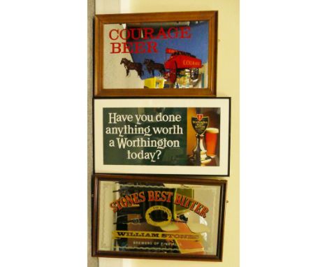Vintage framed advertising mirrors featuring Stones Bitters, Courage Beers and framed poster for Worthington Best Bitter dime