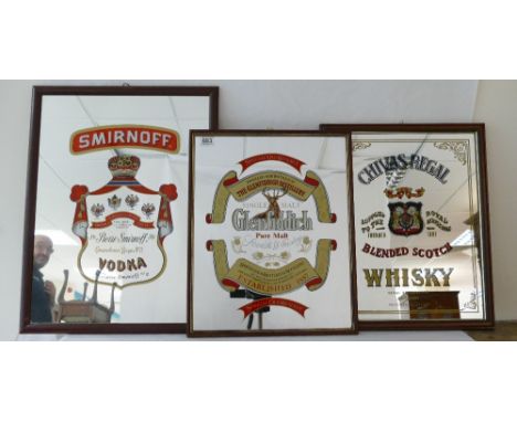 Vintage Smirnoff, Glenfiddich Pure Malt Whisky and Chivas Regal blended scotch whisky framed advertising mirrors (3)