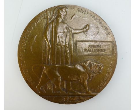 A first world war bronze death plaque for Joseph Wallbanks