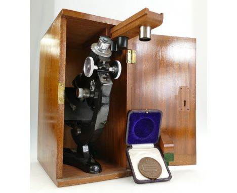 Beck of London Student Microscope, model number 47 together with bronze cased John Pinches bronze medal for Technology Examin