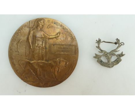 Bronze First World War death plaque for Reuben Johnson in cardboard holder and Cuidich 'n' Righ cap badge  (2)