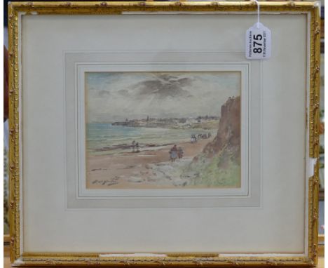 Thomas S Hutton watercolour painting of beach and coastal town scene in gilt frame 20 x 15cm (slight damage to frame)