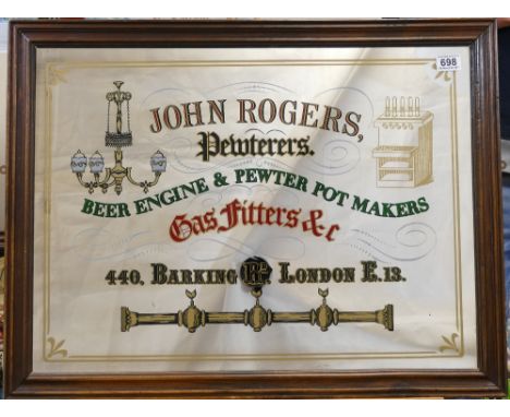 Vintage advertising mirror for John Rogers Pewterers Beer engine and Pewter pot makers, Barking Road, London East 13 mirror d