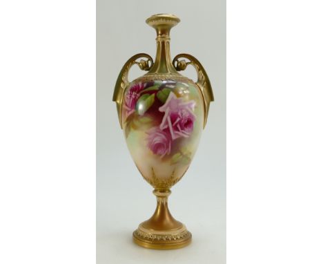 Royal Worcester floral hand decorated two handled vase, height 29cm (lid missing)