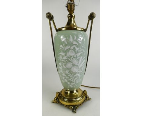 French 19th Century porcelain pâte-sur-pâte oil lamp decorated both sides with flowers & leaves with quality bronze mounts an