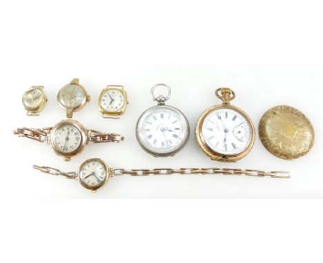 Group of seven watches including ladies silver pocket watch, gold watch with bracelet, gold plated hunter pocket watch (front