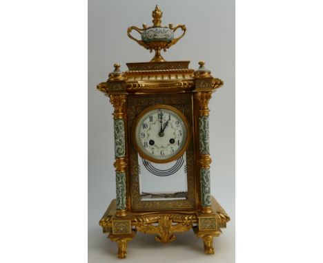 French decorative gilt mantle clock, ornate with jasper ware panels & columns, French movement dated 1889, height 48cm, width