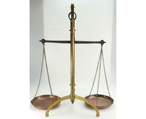Large pair of brass, cast iron and copper scales (engraved makers name R. Vandome, London) 69cm high.
