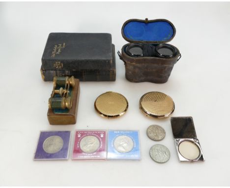 A collection of items to including Methodist hymn books, cased vintage opera glasses and small collection of various coins, l