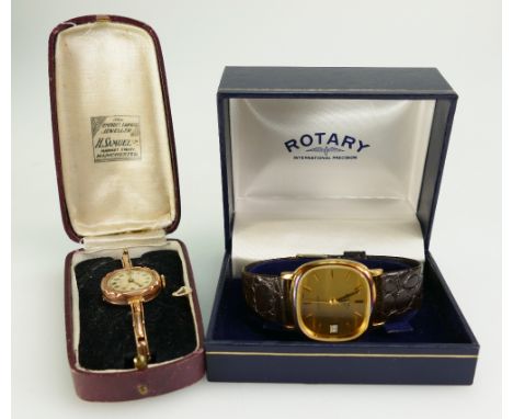 Ladies 9ct rose gold watch with bracelet (total weight 14.1g) and gents Rotary quartz watch with leather strap  (2)