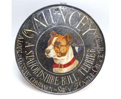 19th century metal sign painted with Staffordshire bull dog "Vaucey A Staffordshire Terrier A loyal and constant companion to