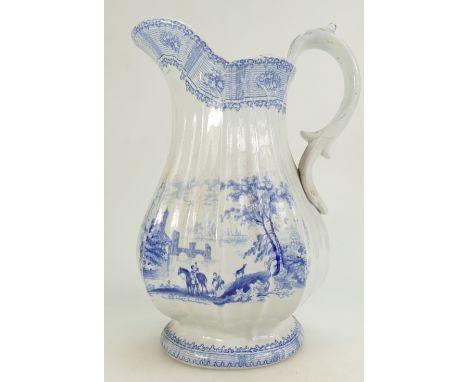 Mid 19th Century large Blue and White transfer printed, Staffordshire jug. 28cm high.