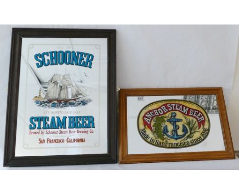 Vintage Anchor Steam Beer and Schooner Steam Beer framed advertising mirrors featuring dimensions of largest 64cm x 48cm (2)