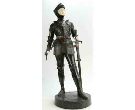 Sylvain Kinsburger large French Bronze figure of Knight in Armour titled Le Preux, signed to base with Ivory detailing to fac