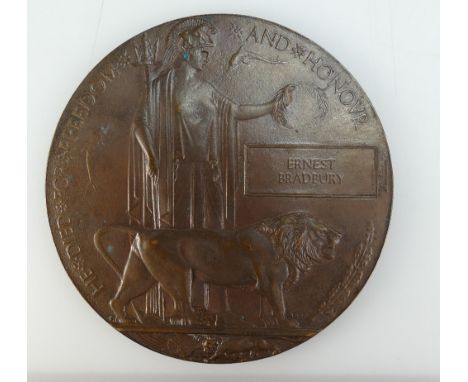 A first world war bronze death plaque for Ernest Bradbury