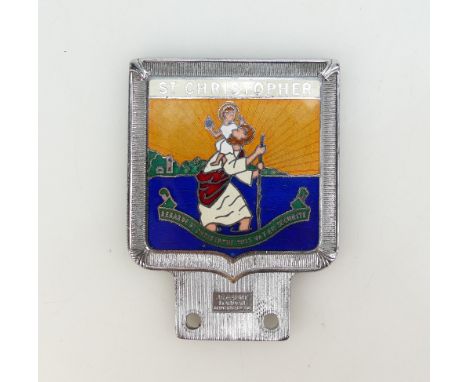 St. Christopher car badge by J.R Gaunt London. Enamel on chrome, Made in England 