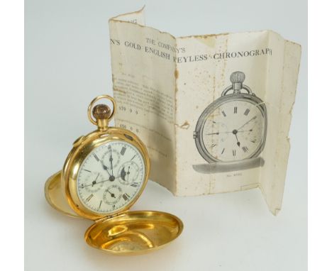 Gentleman's 18ct gold English keyless repeating chronograph and calendar watch. Minute repeating pocket watch with moon phase