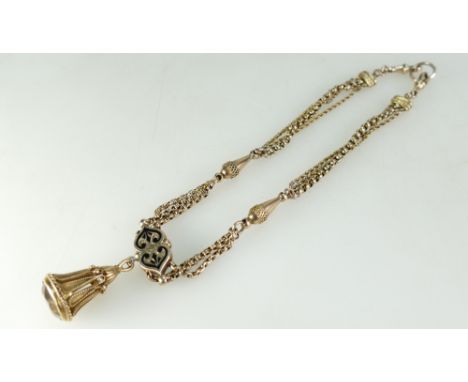 9ct gold part watch chain with black enamel decoration and attached gem set fob.  Minor damage and repair.  Gross weight 33.3