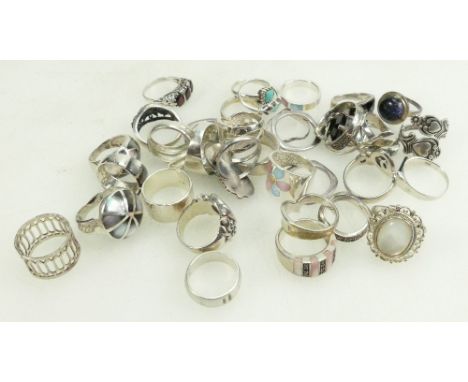 Selection of x 37 sterling silver rings - 170.6g including stones / enamel