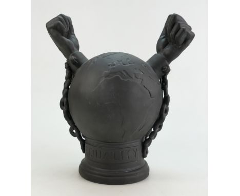 Wedgwood black basalt sculpture of two chained arms and globe "Equality & Freedom" anti-slavery commemorative item, height 28