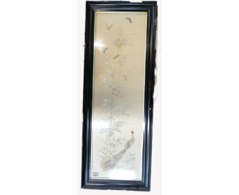 Large framed Chinese silk tapestry measuring 103cm x 30.cm excl. frame.