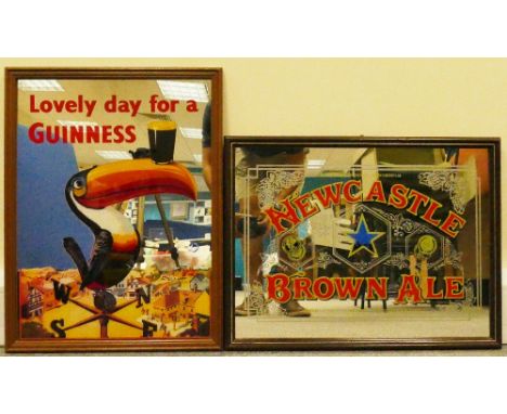 Vintage framed advertising mirrors featuring Newcastle Brown Ale and Lovely Day for a Guiness dimensions of largest 50 x 66cm
