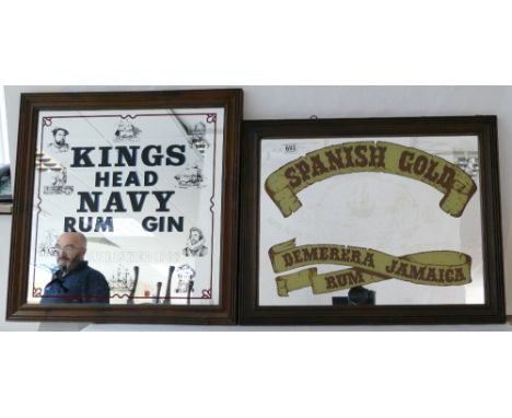 Vintage advertising mirrors for Kings Head navy rum and gin together with Spanish Gold Demerara Jamaican rum, largest mirror 