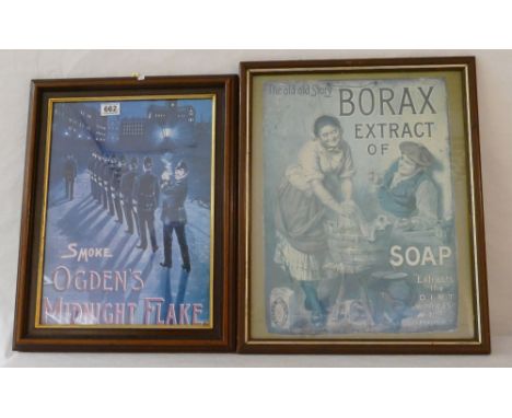 Vintage framed paper advertising posters featuring Borax Soap and Ogdens Midnight Blake Tobacco dimensions of largest 46 x 55