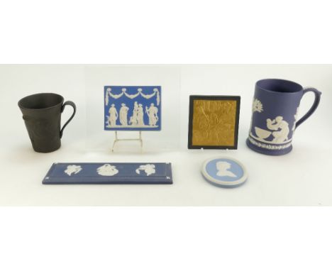 A collection of Wedgwood jasper items including  black basalt mug decorated with a horses head, dark blue jasper tankard (tin