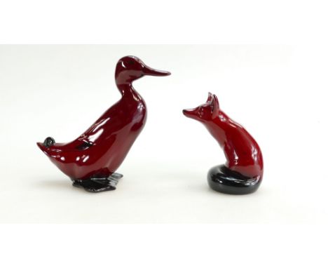 Royal Doulton flambe model of large drake and seated fox, tallest height 17cm (2)