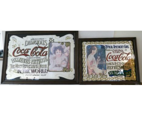 Vintage framed advertising mirrors featuring Coca Cola, with a pink dressed lady and girl dimensions 63 x 90cm (2)