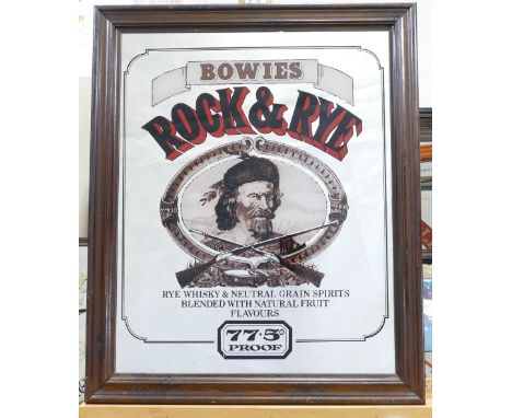 Vintage advertising mirrors for Stillbrook American Deluxe Bourbon and Bowies Rock and rye whisky, largest mirror dimension's
