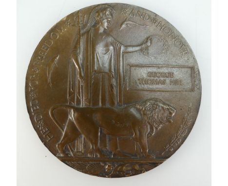 A first world war bronze death plaque for George Thomas Hill