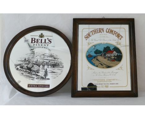 Vintage advertising mirrors for Bells Finest extra special old scotch whisky and Southern Comfort (red roof white house), lar