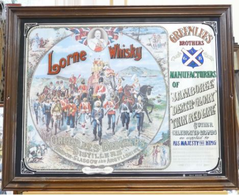Vintage framed advertising mirrors featuring Lorne Whisky by Greenlees Brothers manufacturers of Jamboree Death or Glory Thin