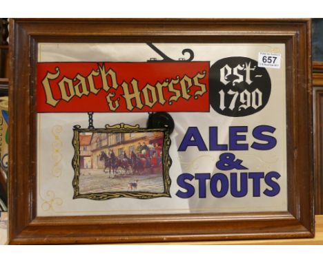 Vintage framed advertising mirror featuring Coach and Horses Ales and Stouts dimensions 50 x 38cm