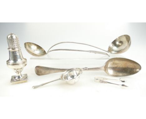 A collection of silver items including large ladle hallmarked London 1838, 2 x silver plated large ladles, tea strainer, sift