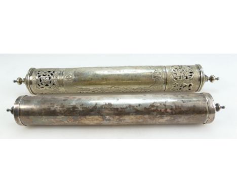Silver coloured metal scroll case inscribed Panjab University, Lahore, India and another similar item.