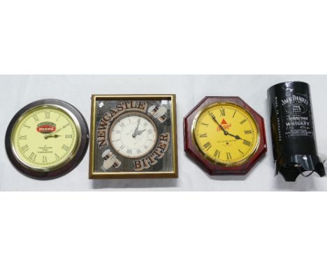 A collection of advertising items to include Newcastle Bitter wall clock, Bass Limited wall clock, Mansfield Beers Wall Clock