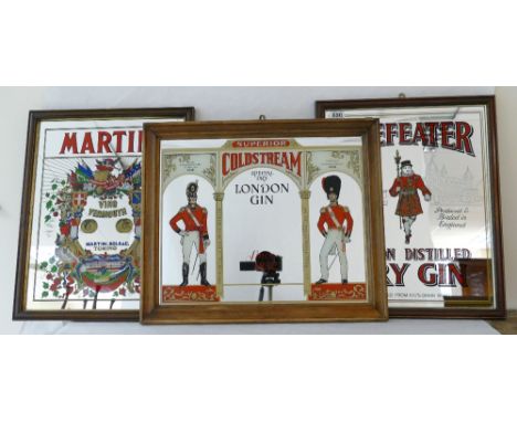 Vintage advertising mirrors for Superior Coldstream dry London gin, Beefeater distilled dry gin and Martini Beano Bermouth fe