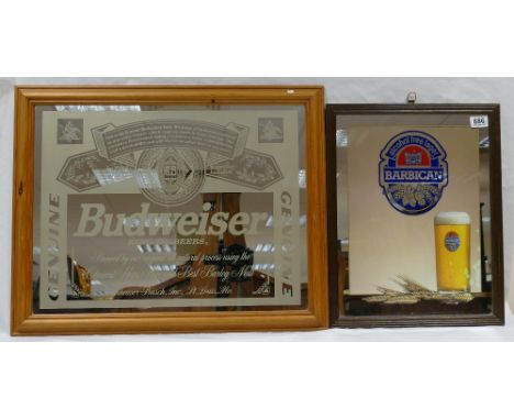 Vintage Barbican and Budweiser framed advertising mirrors featuring dimensions of largest 68cm x 54cm (2)