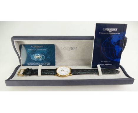 A Longines 18ct gold cased gents wristwatch.  Model L47346.  Dedication engraved to reverse. Retail value approx £1500.  33mm