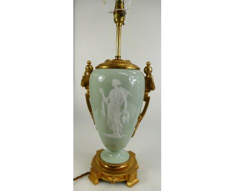 French 19th Century porcelain pâte-sur-pâte lamp decorated with Grecian lady with amphora and scrolling foliage to reverse wi