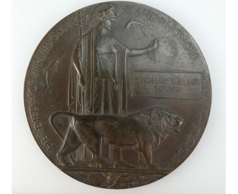 A first world war bronze death plaque for Thomas William Young