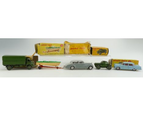 A group of 5 Dinky models. 796 Healey Sports Boat on Trailer (F) boat missing screen box (P), 150 Rolls Royce Silver Wraith (