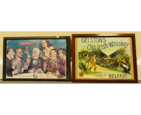 Vintage framed paper advertising posters featuring Gelstons Old Irish Whiskey (Belfast) and Cinzano dimensions of largest 56 