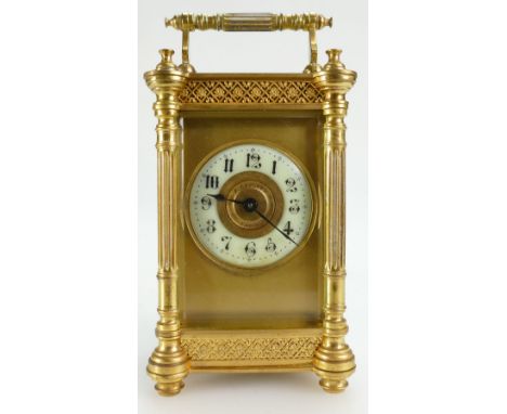 French carriage clock by F Appleby Paris in fine decorative gilded brass case. With key. Winds, ticks and runs. 6"/15cm high 